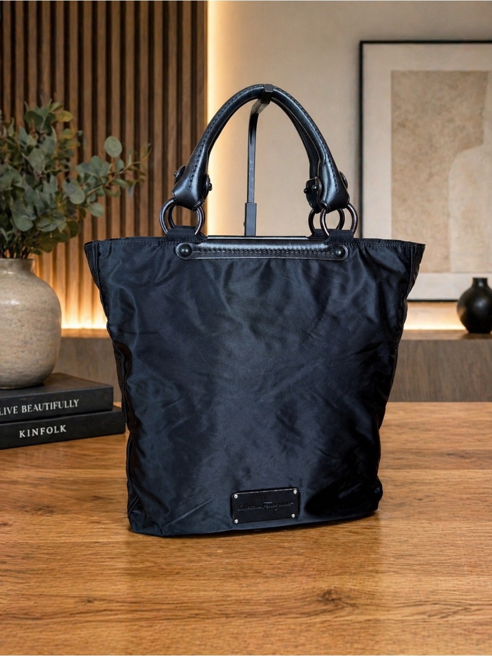 Salvatore Ferragamo Black Nylon Logo Tote with Leather Handles
